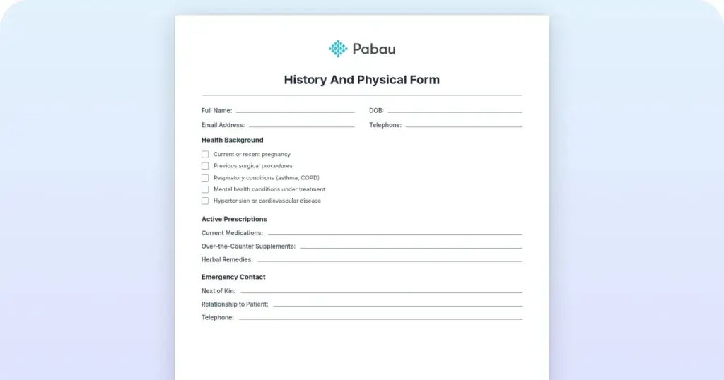 History and physical form preview from Pabau