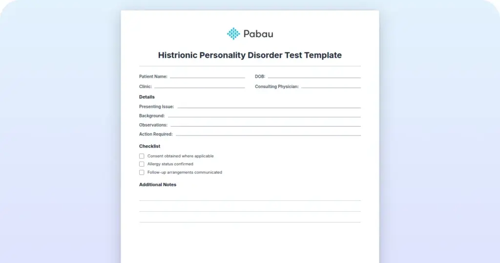 Histrionic Personality Disorder Test Template preview from Pabau