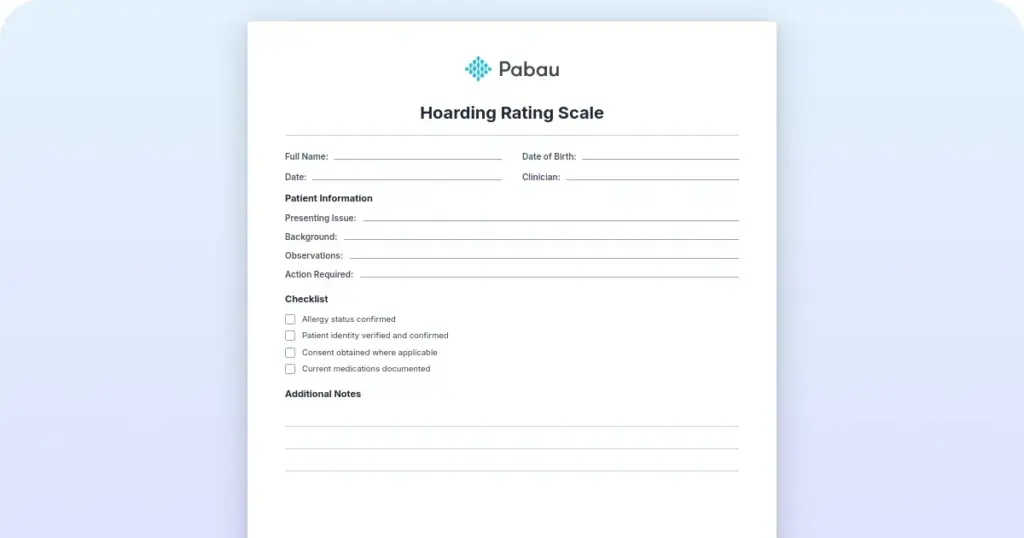 Hoarding rating scale template (free PDF) preview from Pabau
