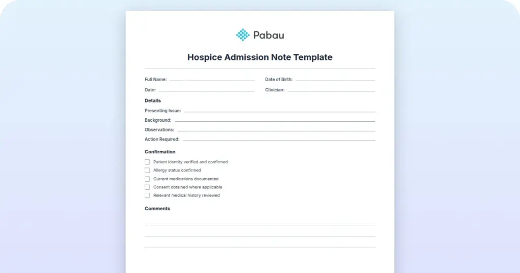 Hospice Admission Note Template preview from Pabau