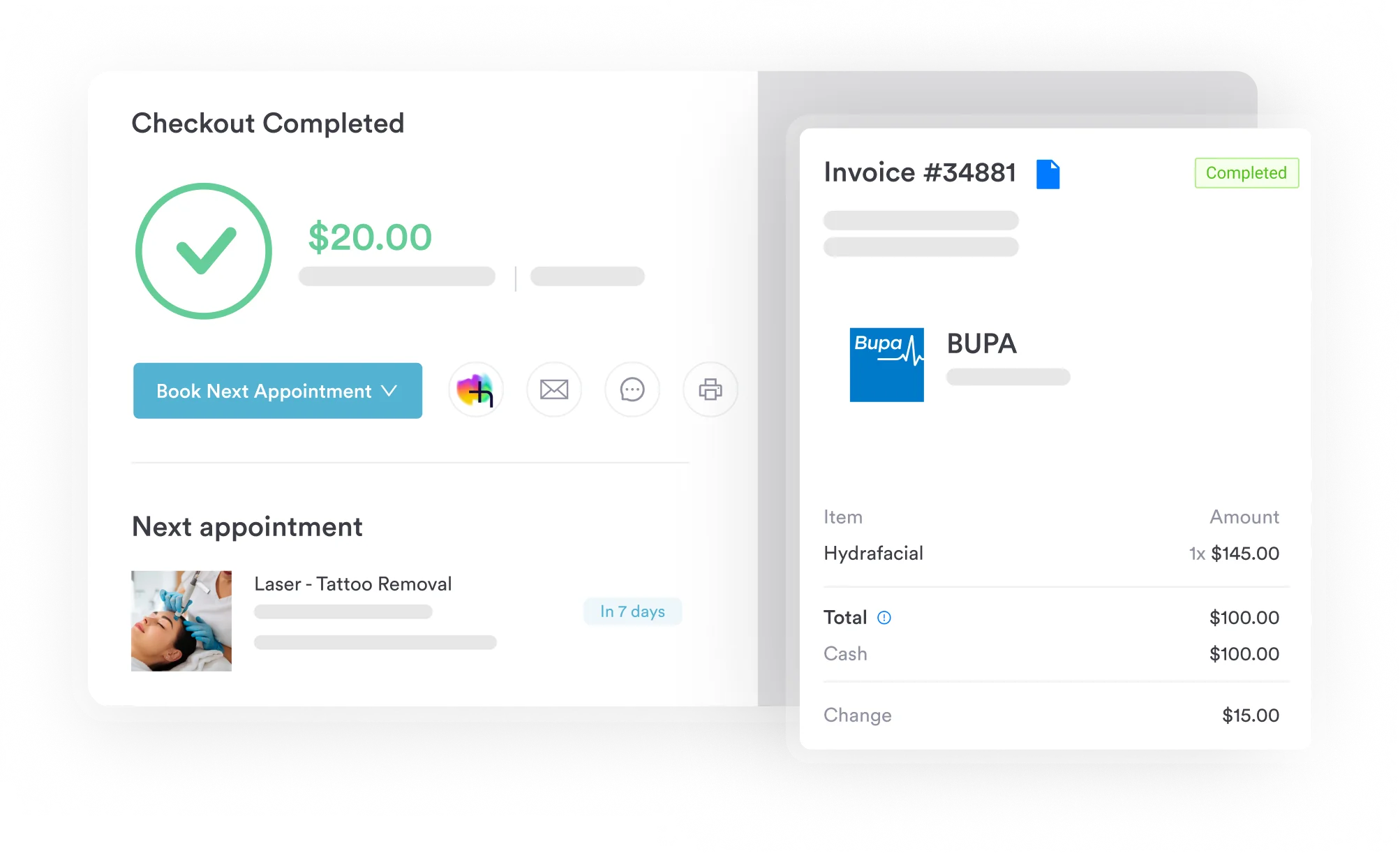 Pabau checkout screen showing a completed encounter alongside an itemized insurer invoice.