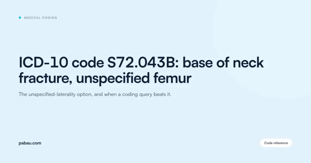 Pabau blog card: ICD-10 code S72.043B, displaced fracture of base of neck of unspecified femur