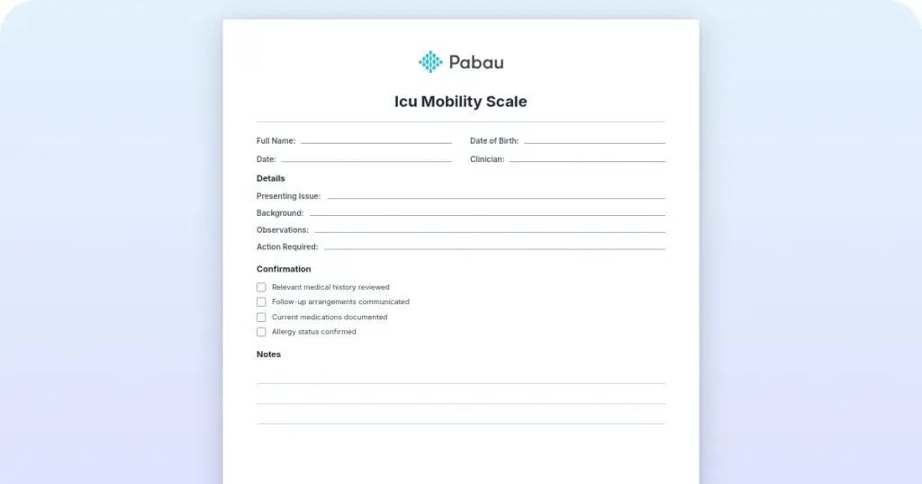 ICU Mobility Scale Template preview from Pabau