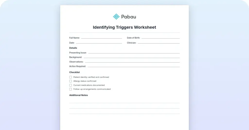 Identifying Triggers Worksheet preview from Pabau