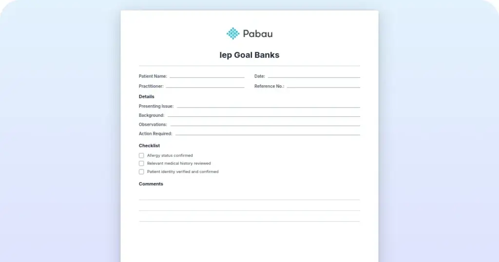 Blank IEP goal template cover page for math, English, and science.