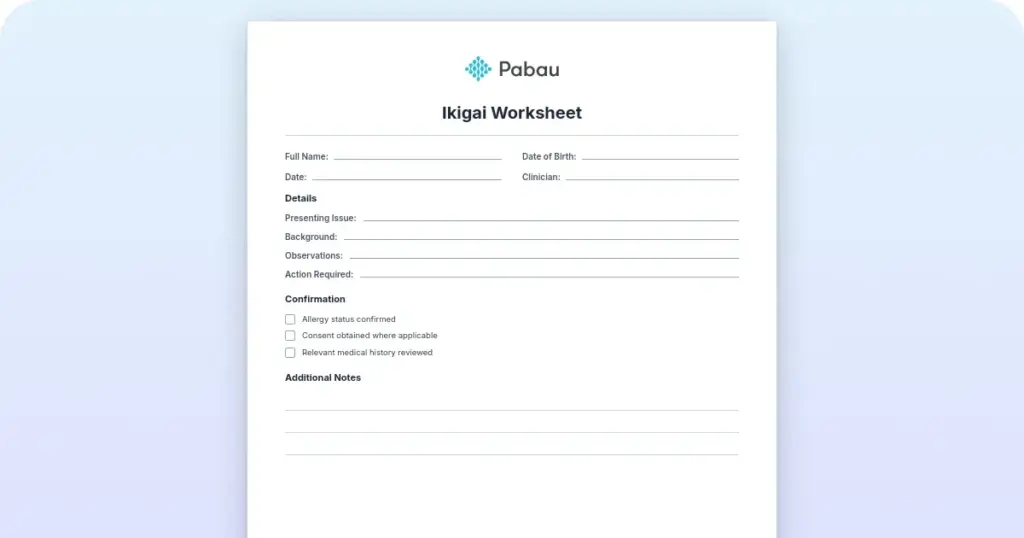 Ikigai worksheet: Free downloadable template preview from Pabau