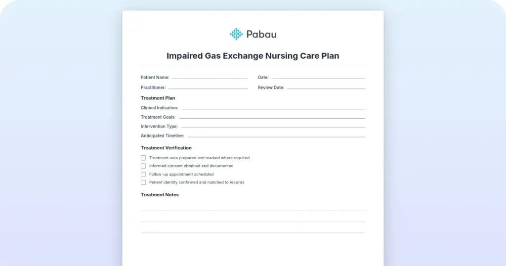 Impaired gas exchange nursing care plan with a worked example preview from Pabau