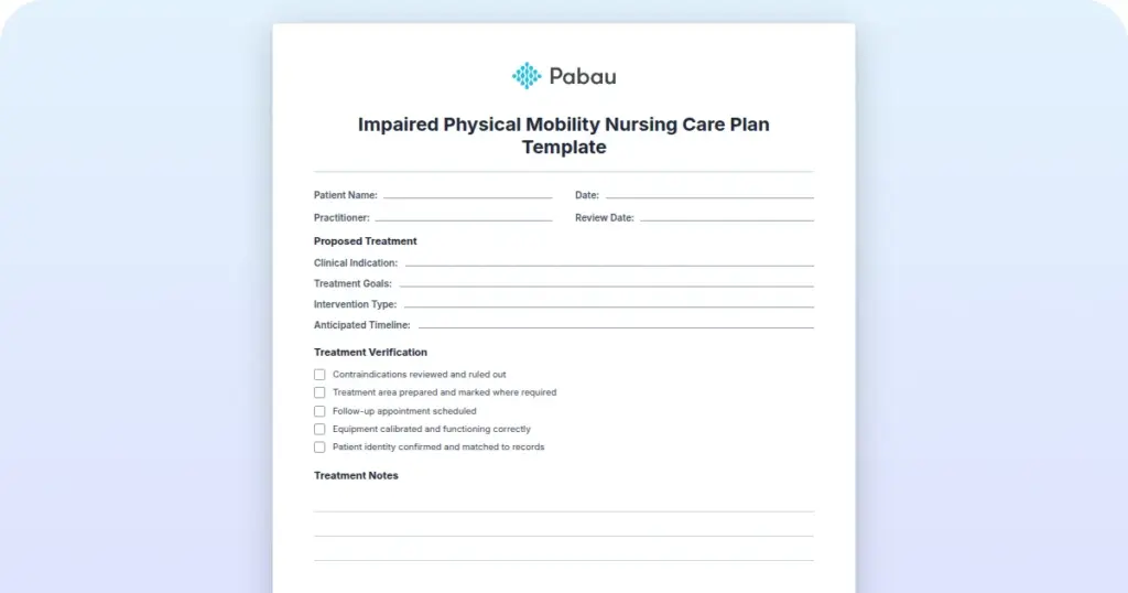Impaired Physical Mobility Nursing Care Plan Template preview from Pabau