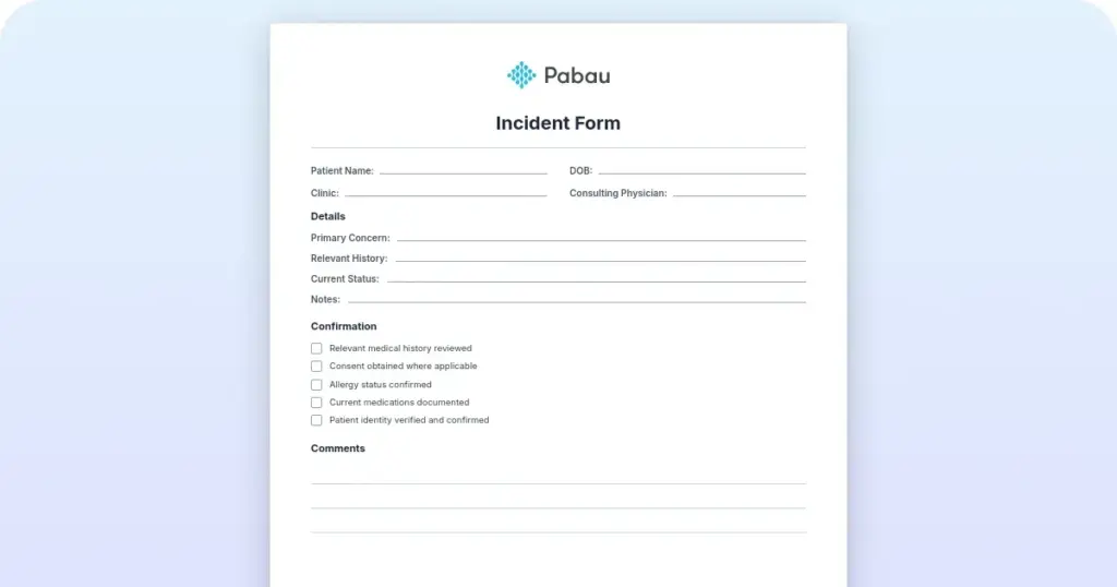 Incident form: Free customizable template preview from Pabau