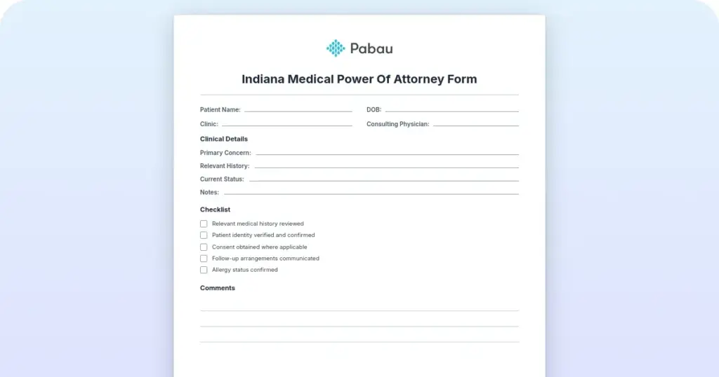 Indiana Medical Power of Attorney Form preview from Pabau