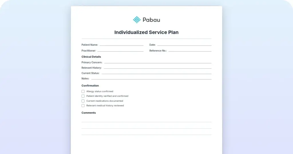 Downloadable individualized service plan template for social work and behavioral health teams.