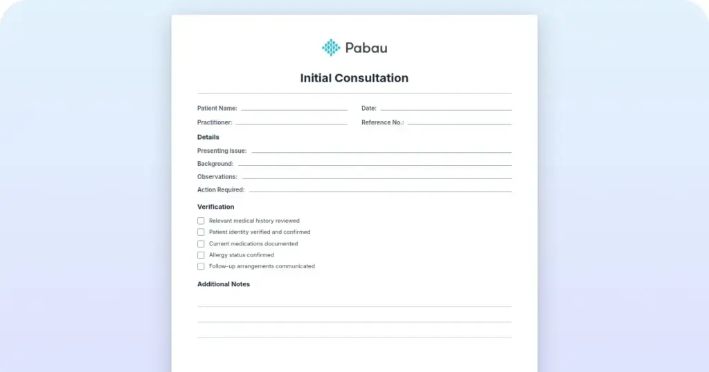 Initial consultation note: Free sexology form template preview from Pabau