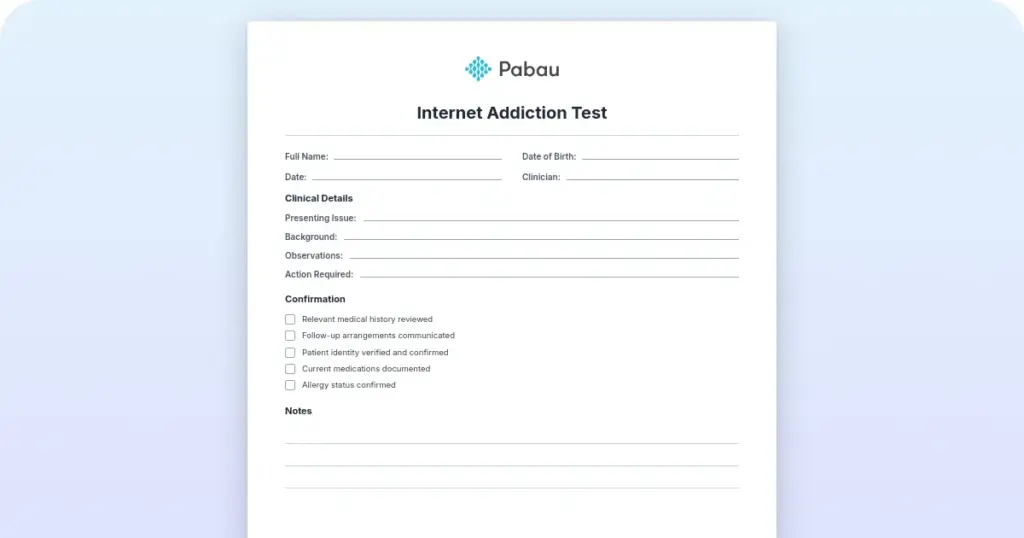 Internet Addiction Test preview from Pabau