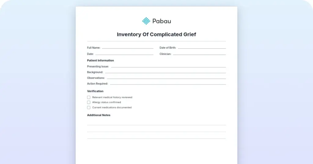 Inventory of Complicated Grief (ICG): Items, scoring, and free template preview from Pabau