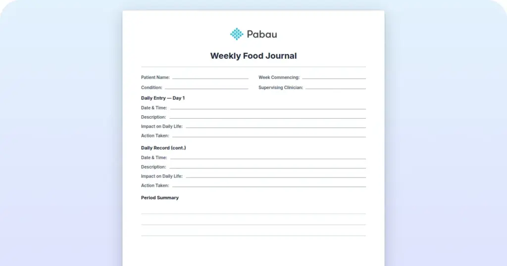 Weekly food journal template preview from Pabau