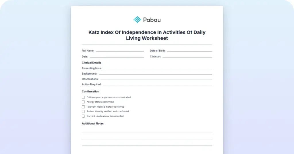 Katz Index of Independence in Activities of Daily Living Worksheet preview from Pabau