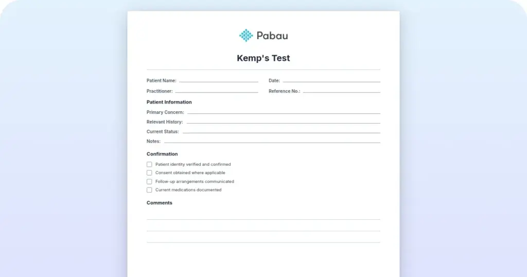 Kemp's test: Technique, accuracy & documentation guide preview from Pabau
