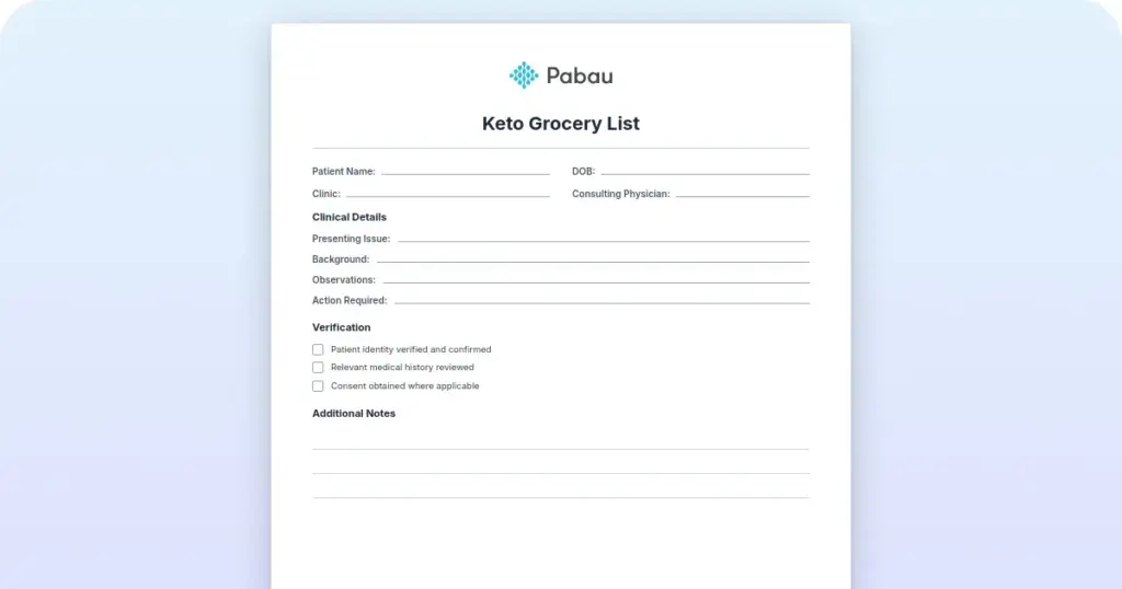 keto grocery list preview from Pabau