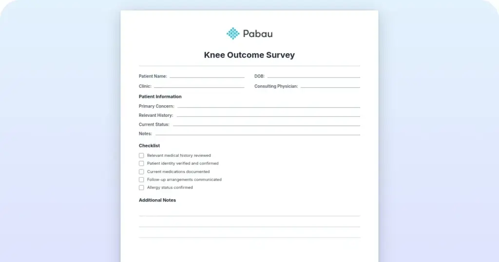 Knee outcome survey (KOS-ADLS) template + scoring guide preview from Pabau