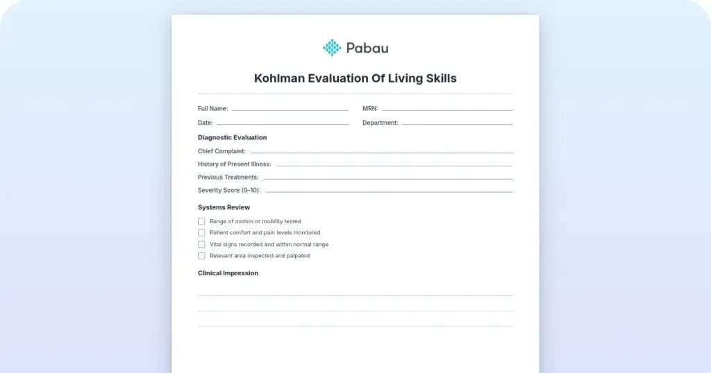 Kohlman Evaluation of Living Skills (KELS): Free template preview from Pabau