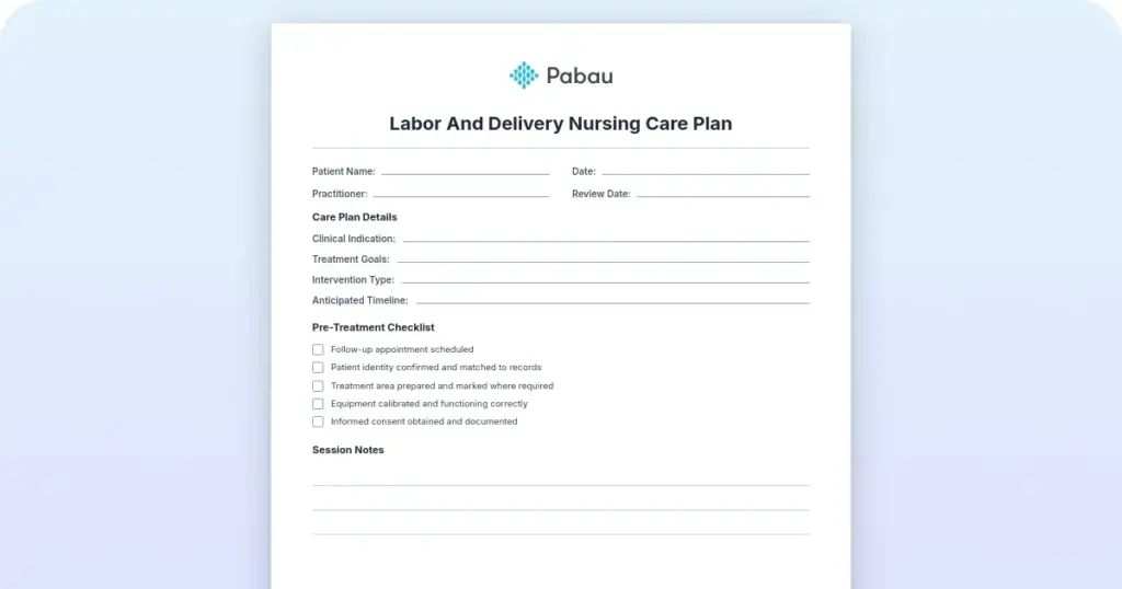 Labor and delivery nursing care plan preview from Pabau