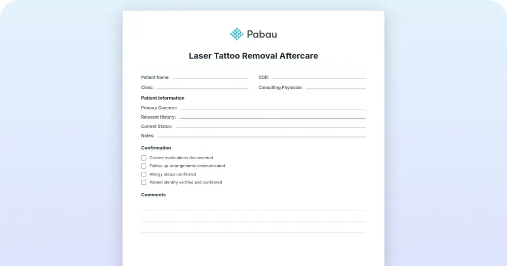 Laser tattoo removal aftercare instructions template preview from Pabau