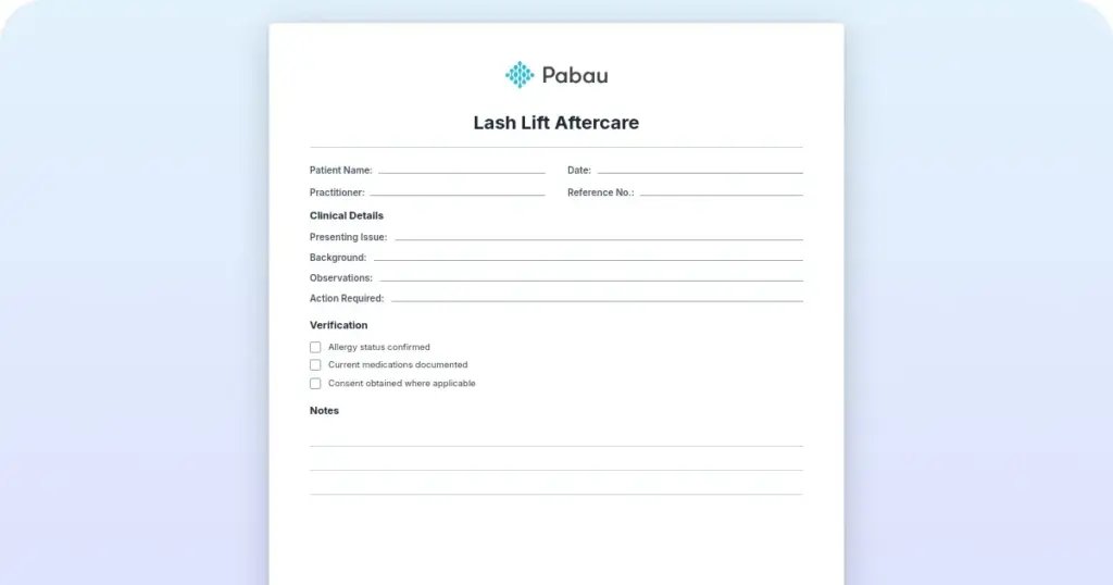 Lash lift aftercare template preview from Pabau