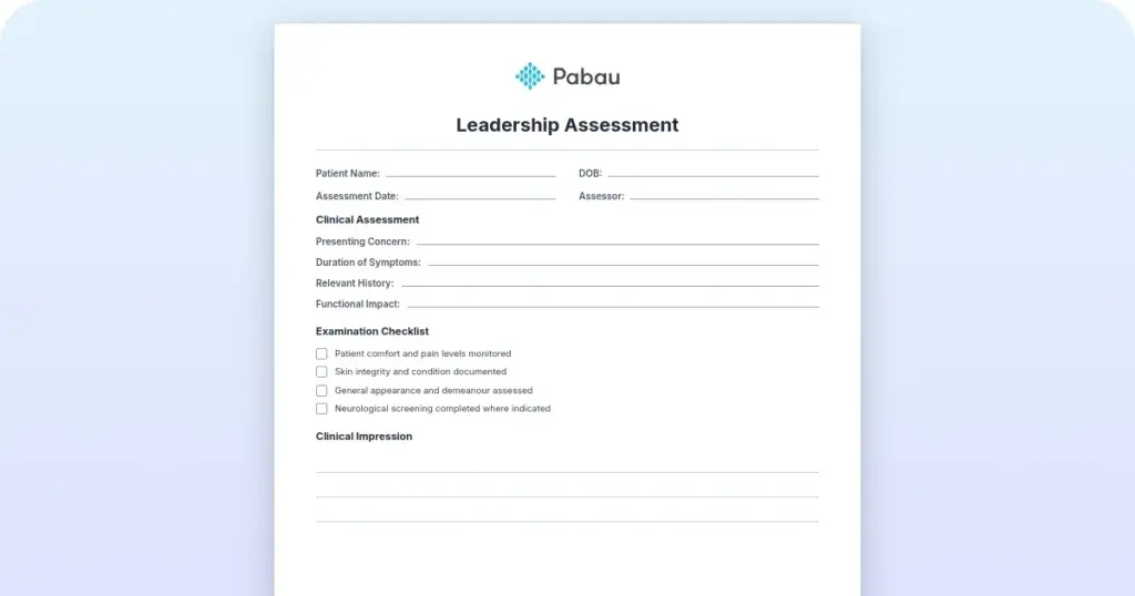 Leadership assessment: Check how a leader performs across defined competencies – free template preview from Pabau