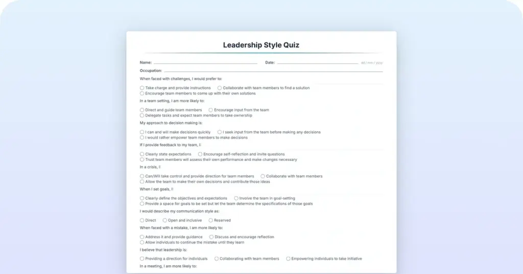 Preview of the printable Pabau leadership style quiz PDF showing ten forced-choice statements with three options each
