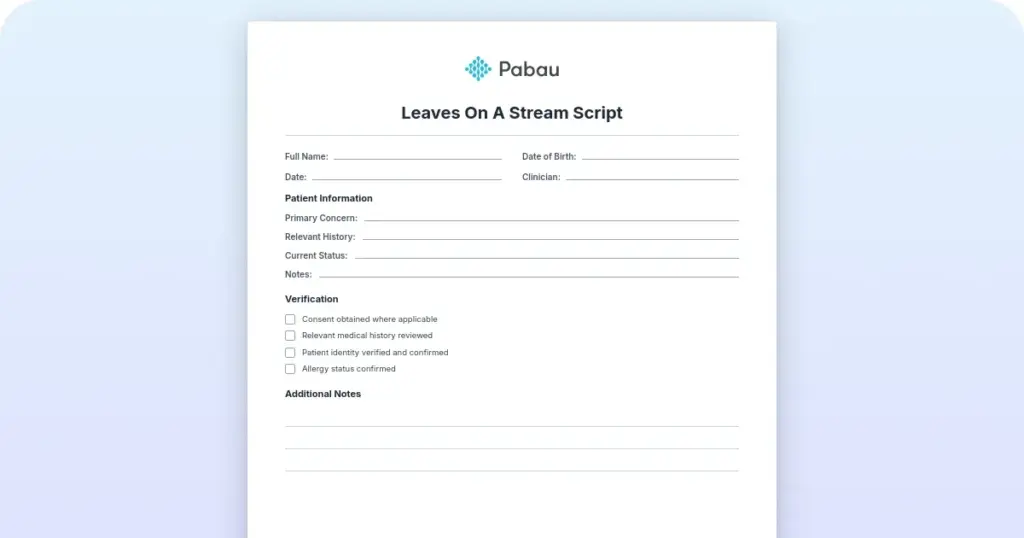 Leaves on a Stream script preview from Pabau