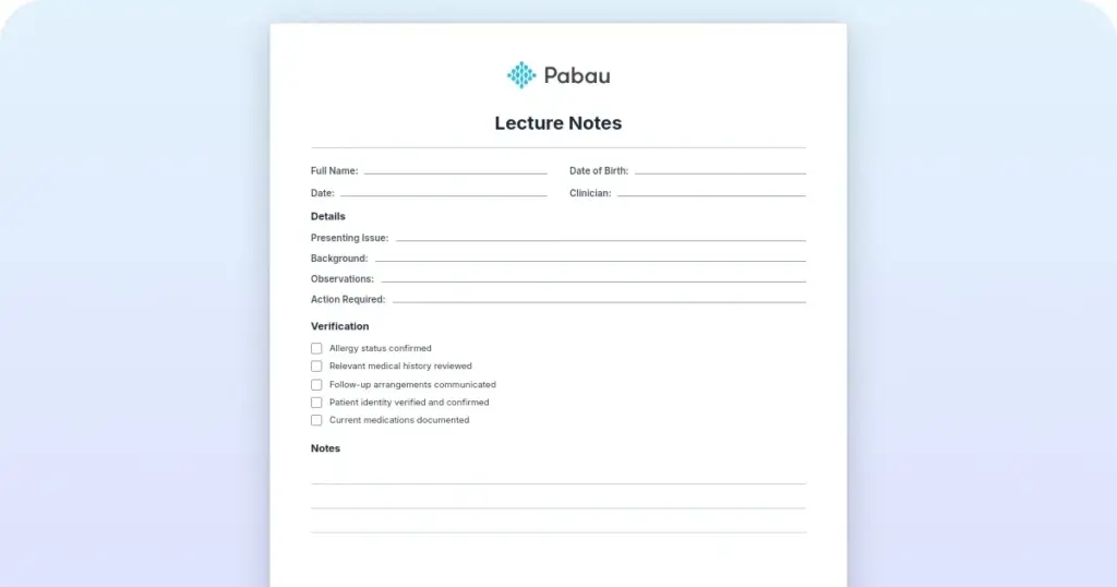 Lecture notes template: How to capture and review class content preview from Pabau