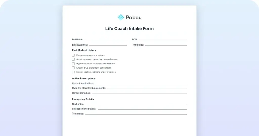Life Coach Intake Form preview from Pabau