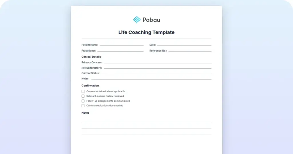 Life Coaching Template preview from Pabau