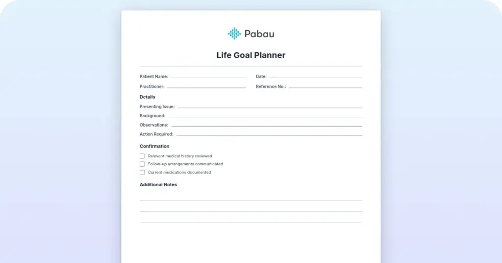 Life goal planner preview from Pabau