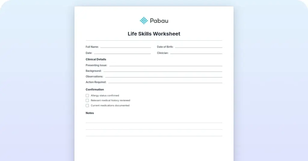 Life skills worksheet for adults: Free PDF download preview from Pabau