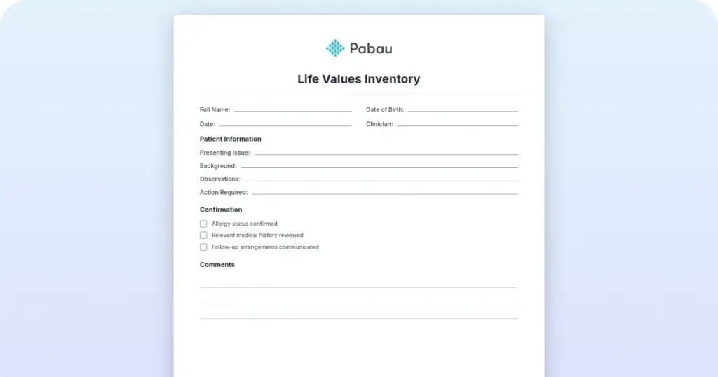Life values inventory: Free 18-value worksheet PDF preview from Pabau