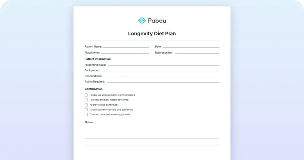 Longevity Diet Plan preview from Pabau