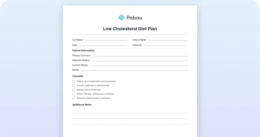 Low cholesterol diet plan preview from Pabau