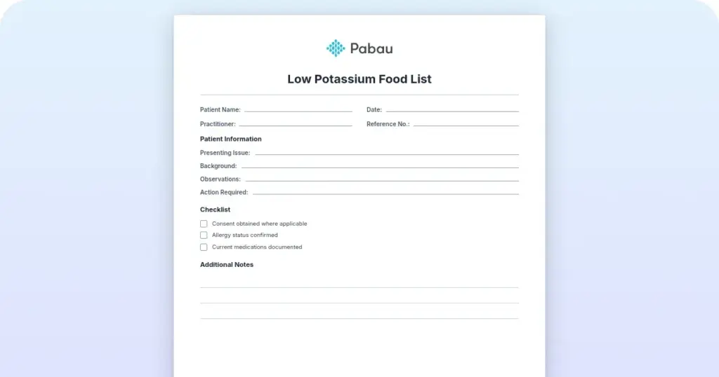 Low potassium food list preview from Pabau