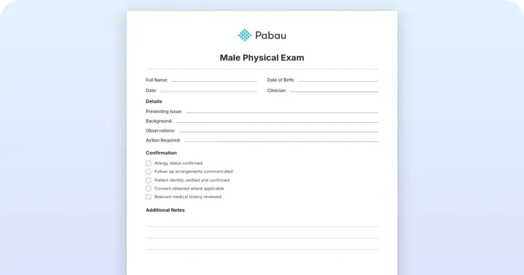 Male physical exam checklist and template preview from Pabau