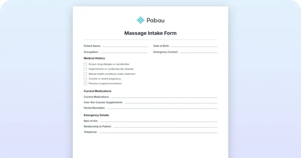 Massage intake form: What to include and how to use it preview from Pabau