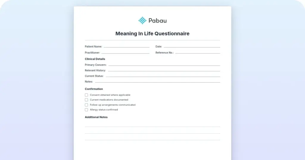 Meaning in life questionnaire: Free MLQ template + scoring guide preview from Pabau