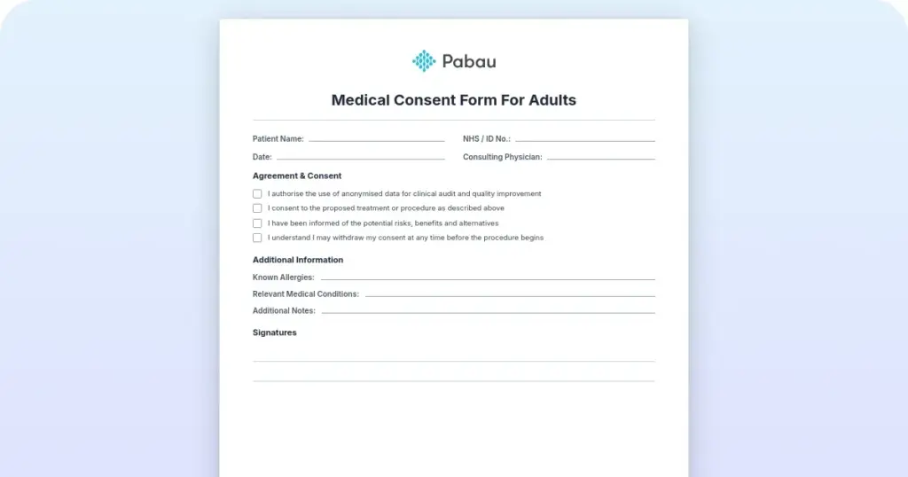 Medical consent form for adults preview from Pabau