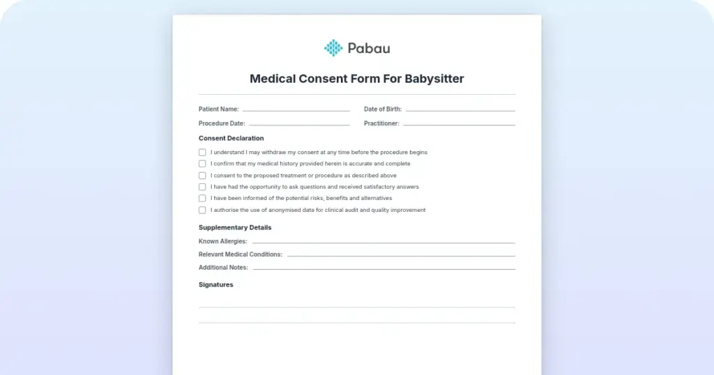 Medical consent form for babysitter preview from Pabau