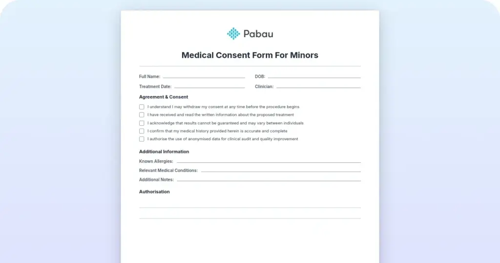 Medical consent form for minors: Free template and guide preview from Pabau