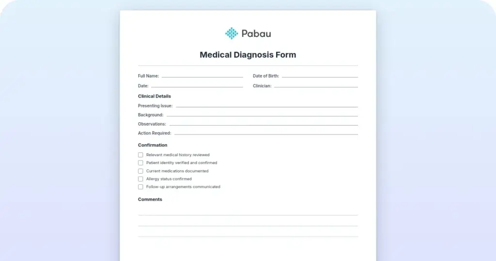 Medical diagnosis form: Free template and field guide preview from Pabau