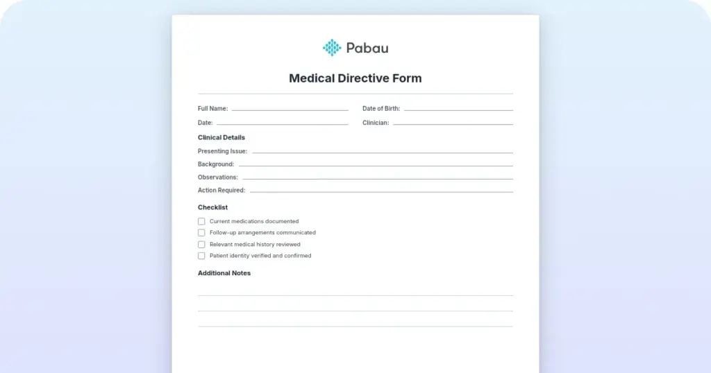 Medical directive form: Free PDF template preview from Pabau