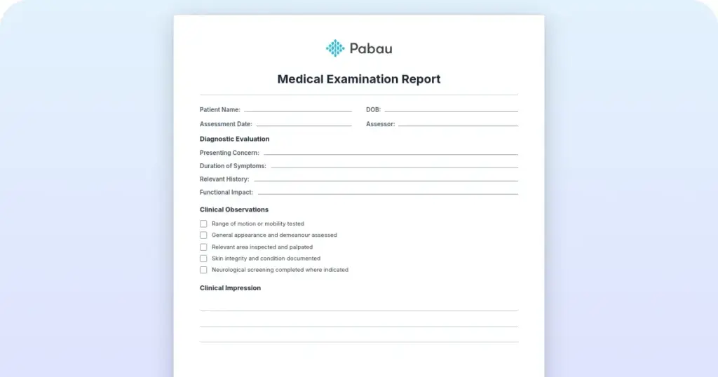 Medical examination report preview from Pabau