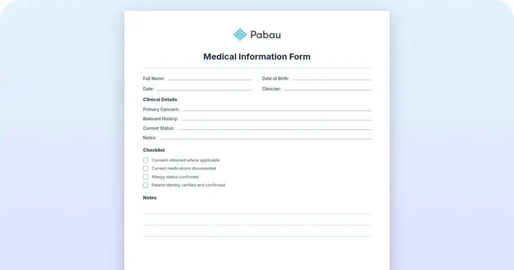 Medical information form template preview from Pabau