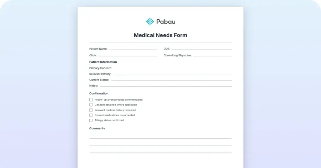 Medical needs form template preview from Pabau